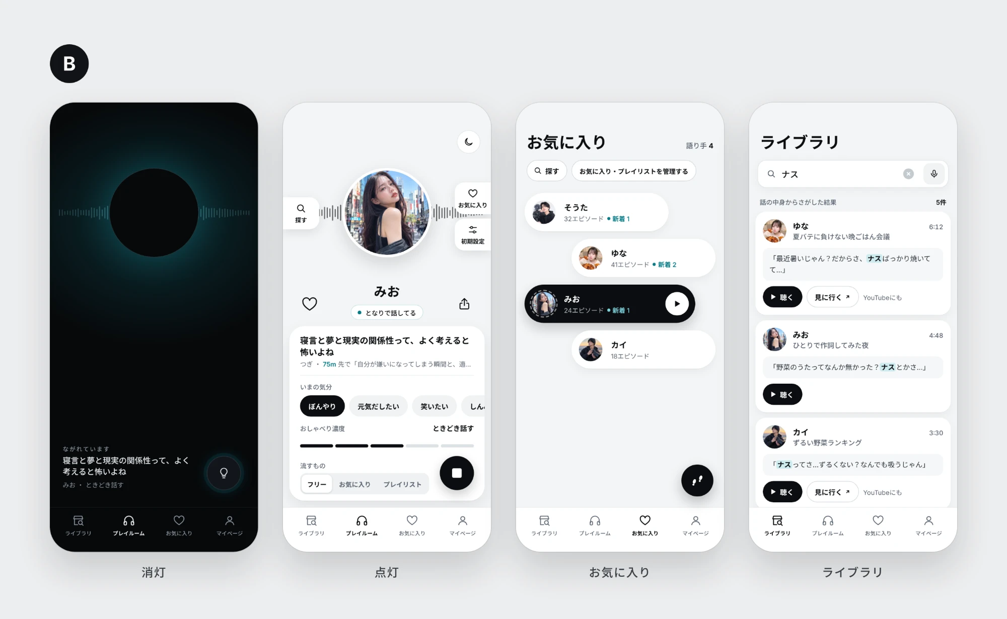 B案のデザイン。消灯・点灯・レコードルーム・ライブラリの4画面
